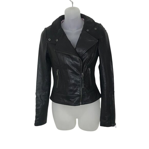 Aritzia Mackage Black Leather Biker Jacket Genuine Lamb Leather Size XXS - Picture 3 of 8